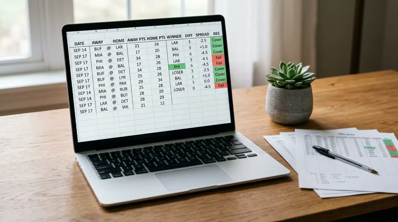 Laptop screen displaying NFL season data tables used for backtesting a betting system