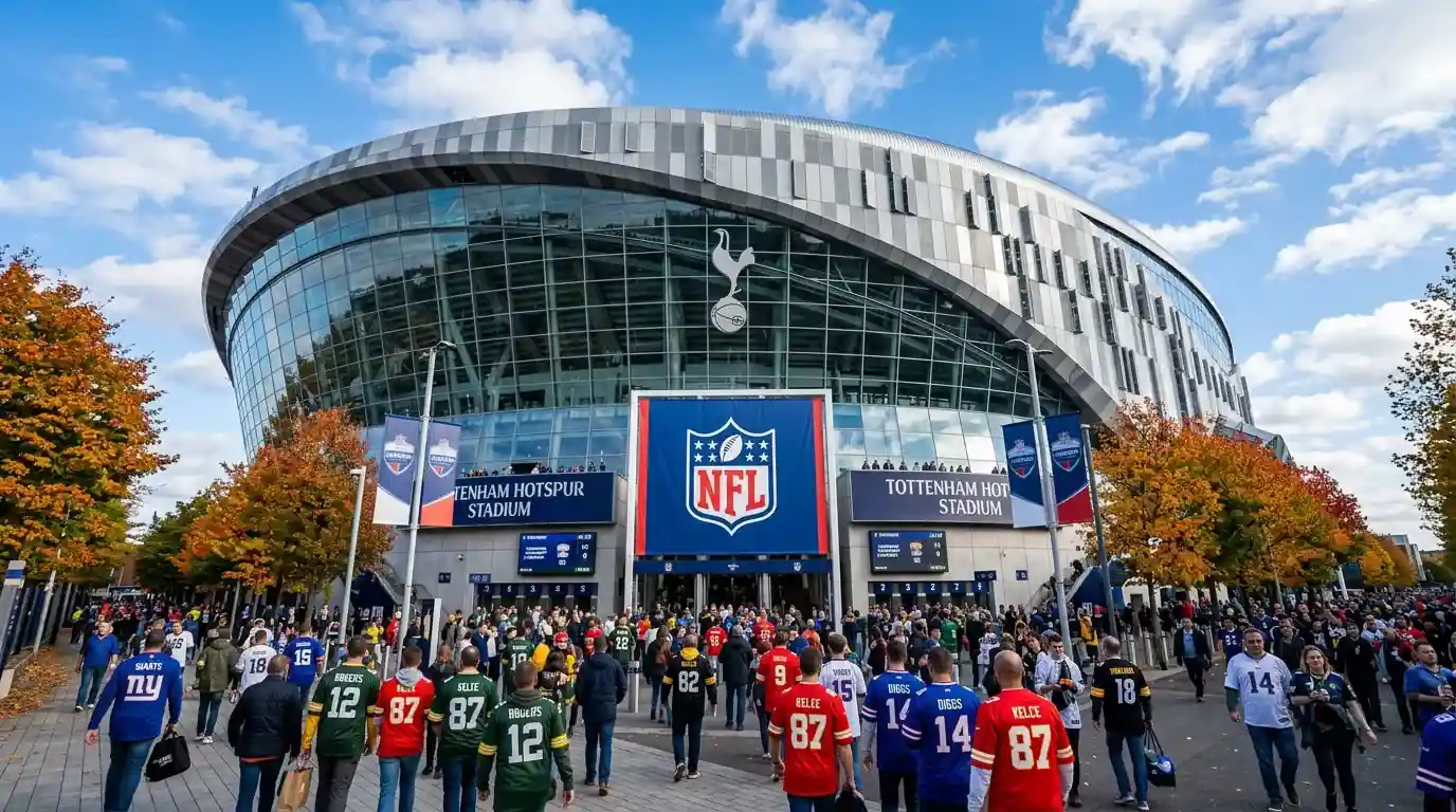 Tottenham Hotspur Stadium set up for an NFL London game with a full crowd